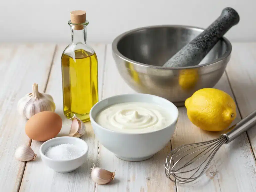 bombe à l'ail tarn recette ingrédients clés et ustensiles sur table rustique