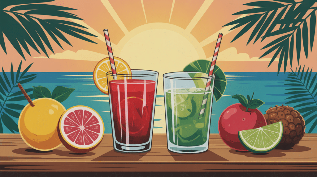 difference punch et planteur verres cocktails antillais table bois fruits exotiques