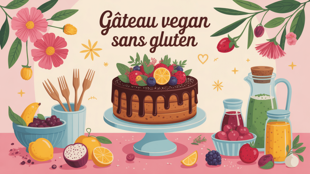gateau vegan sans gluten décoré fruits et fleurs, ambiance festive