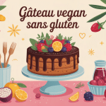 gateau vegan sans gluten décoré fruits et fleurs, ambiance festive