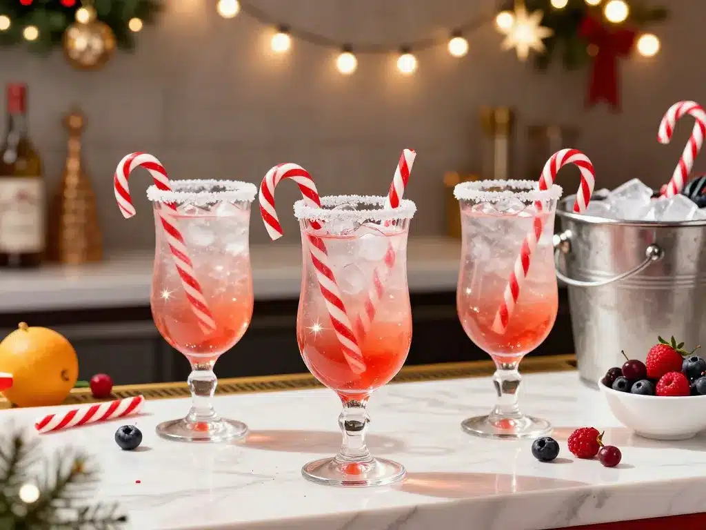 Le cocktail au bonbon candy cane spritzer décoré avec sucre et bonbons sur bar de Noël