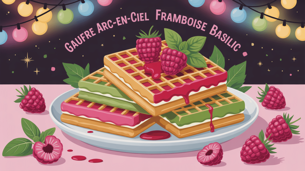 recette gaufre arc en ciel framboise basilic assiette vue du dessus