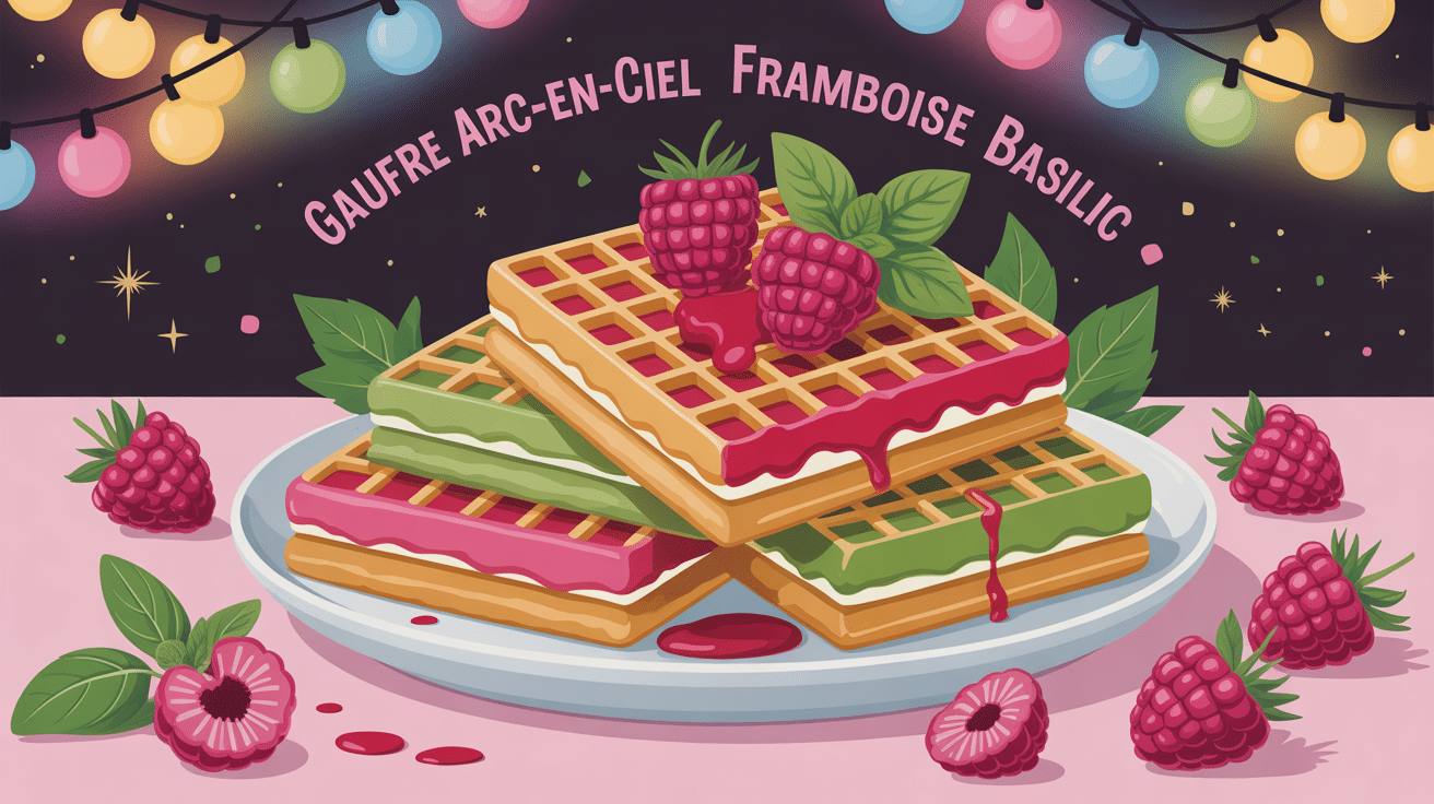 recette gaufre arc en ciel framboise basilic assiette vue du dessus