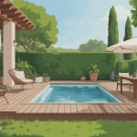 terrasse avec piscine en bois élégante au jardin