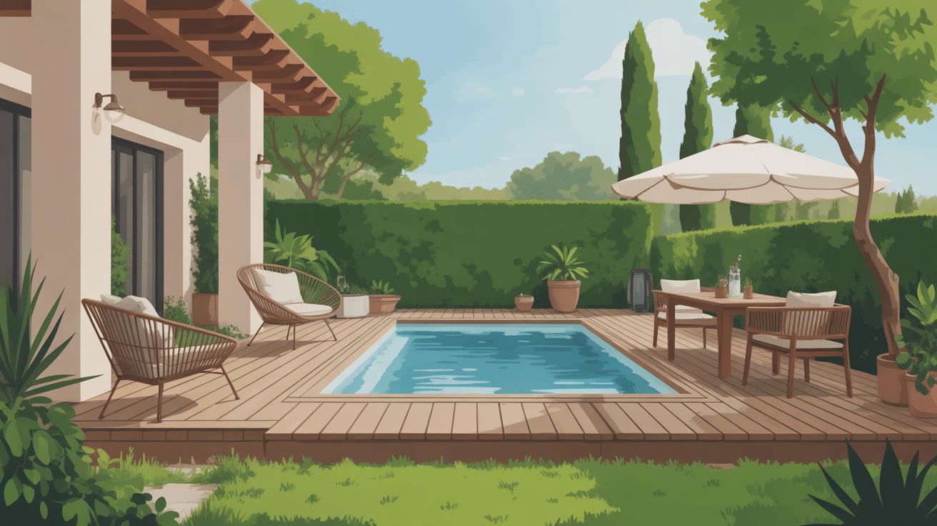 terrasse avec piscine en bois élégante au jardin