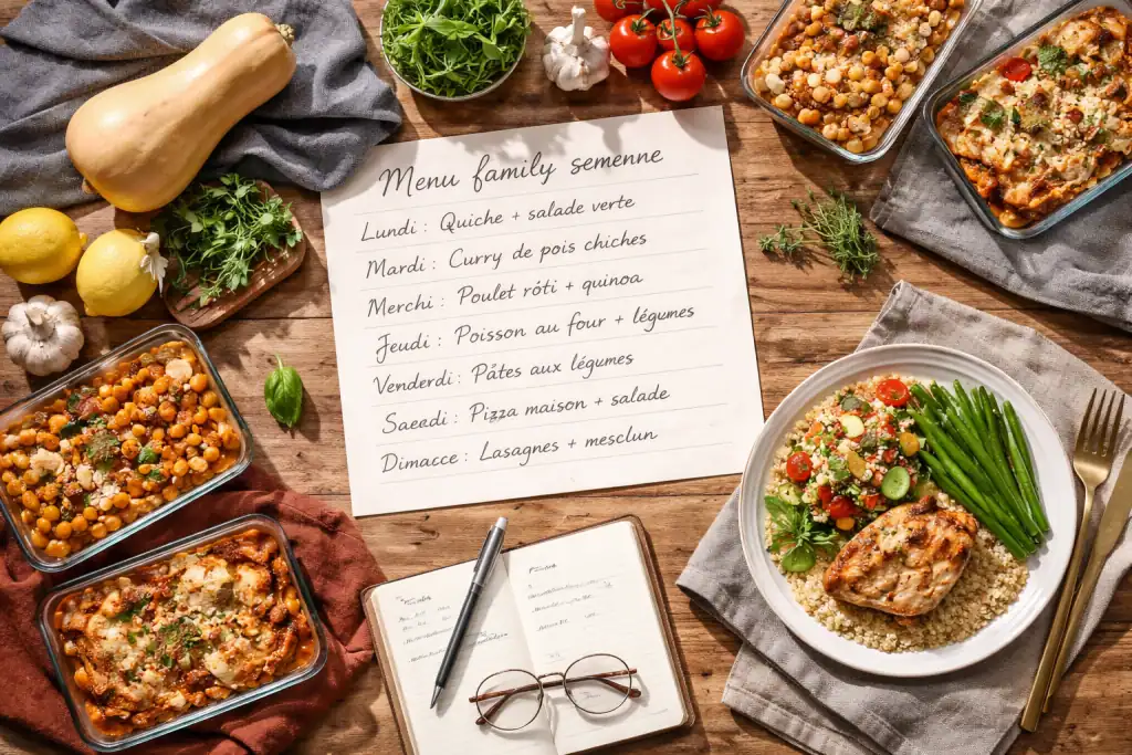Menu famille semaine sur table avec planning et repas préparés