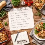 Menu famille semaine sur table avec planning et repas préparés