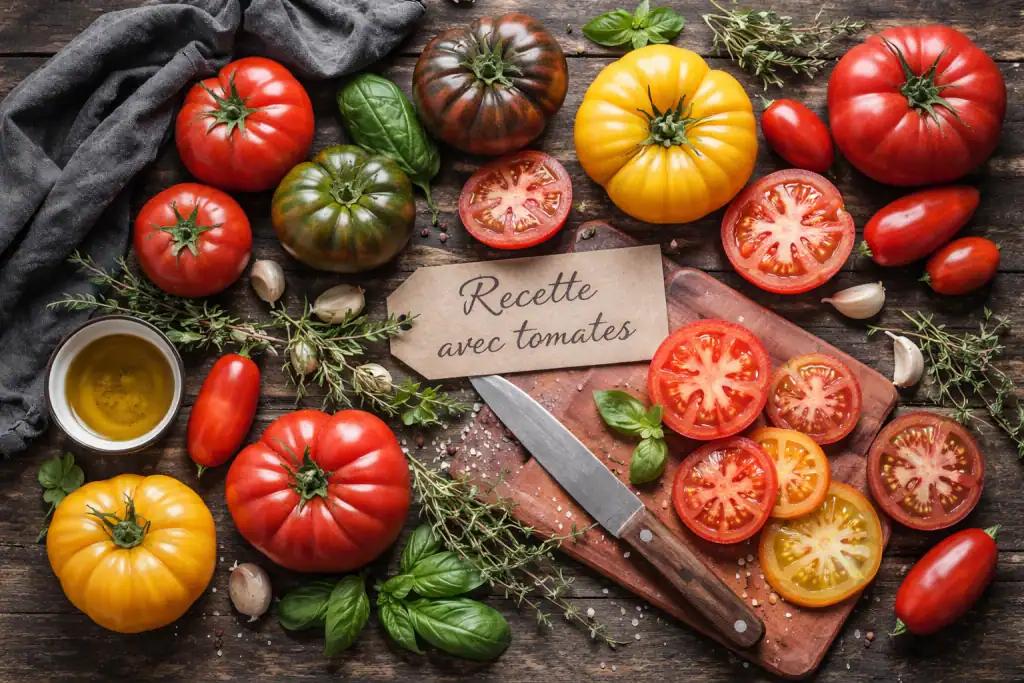 recette avec tomates anciennes sur table rustique