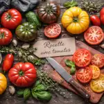 recette avec tomates anciennes sur table rustique