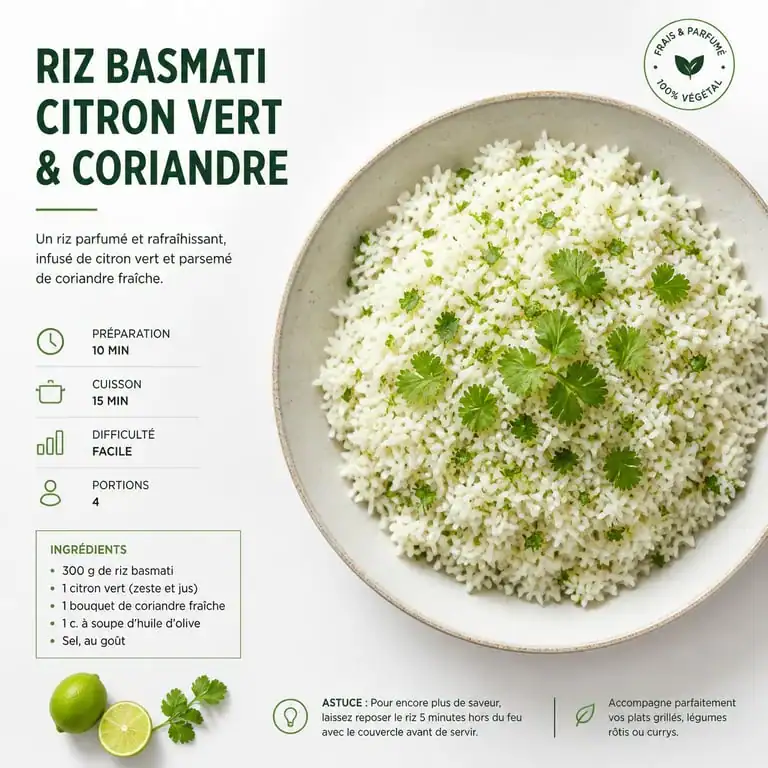 Riz basmati parfumé au citron vert et à la coriandre en accompagnement