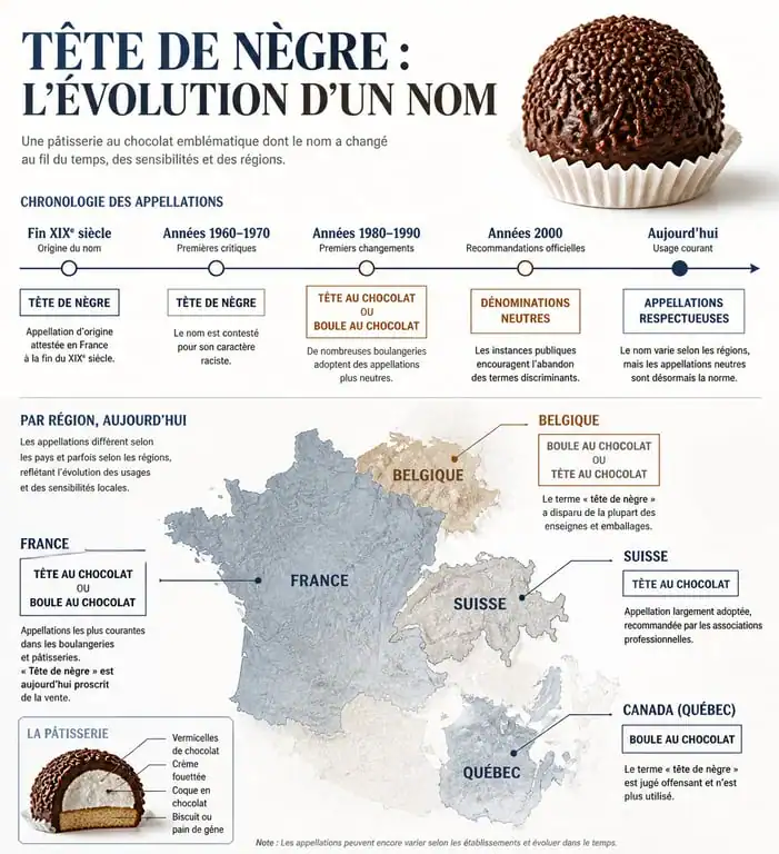 Infographie montrant l'évolution du nom de la pâtisserie tête de nègre selon les régions et pays