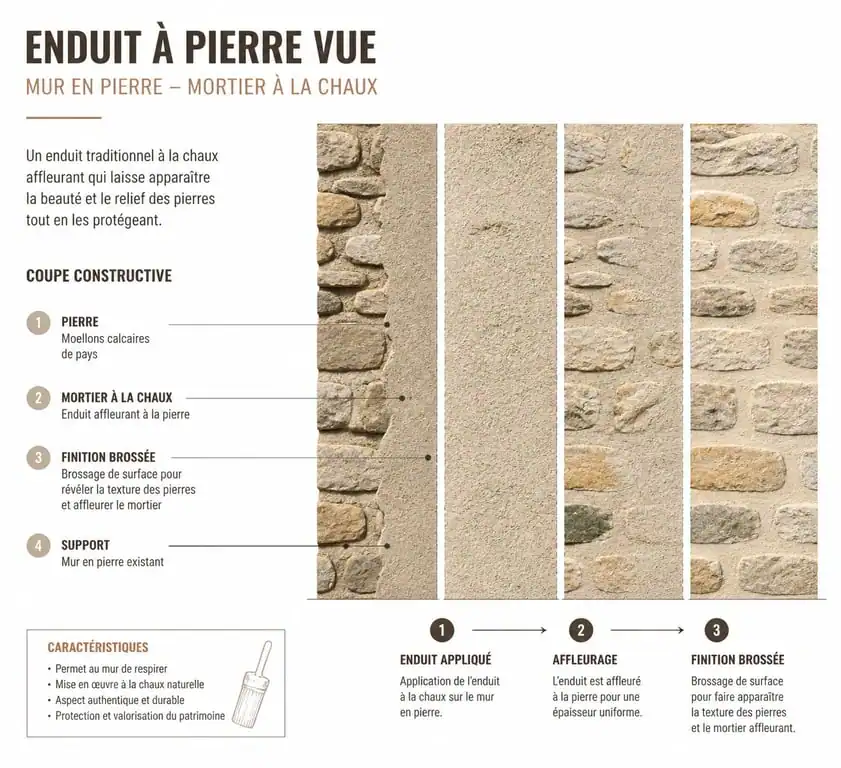 Schéma technique d'un enduit pierre vue sur mur ancien
