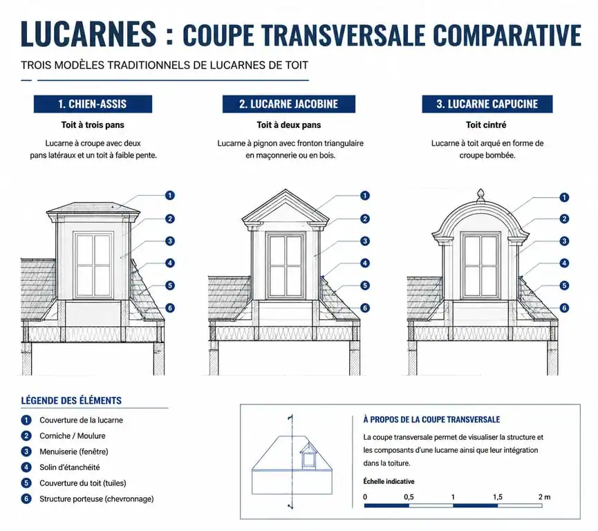 Comparatif visuel des types de lucarnes : chien-assis, jacobine et capucine pour une maison