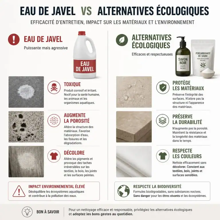 Infographie comparative : nettoyage dalle terrasse javel vs alternatives écologiques
