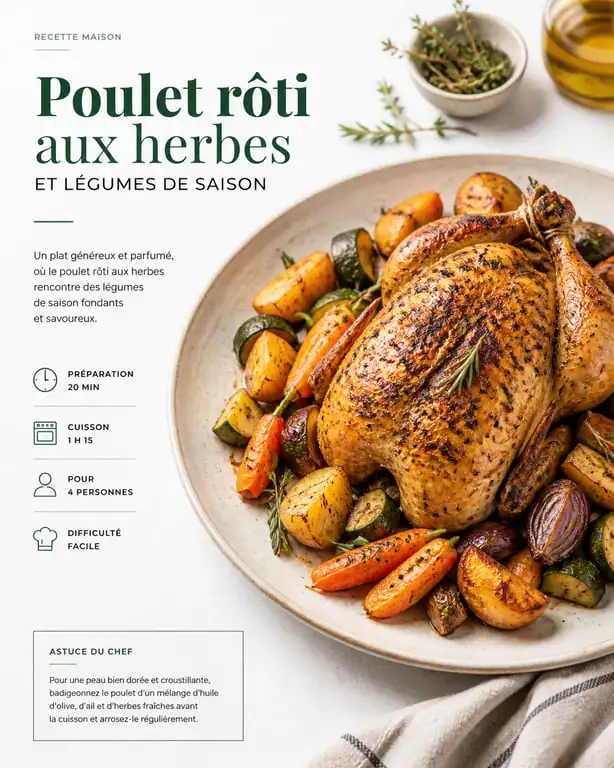 Plat à base de poulet rôti aux herbes et légumes, prêt à être servi.