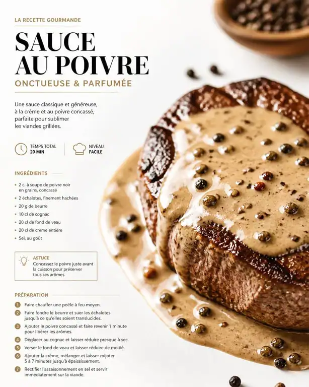 Sauce au poivre réalisée sans cognac pour accompagner une viande, recette pratique
