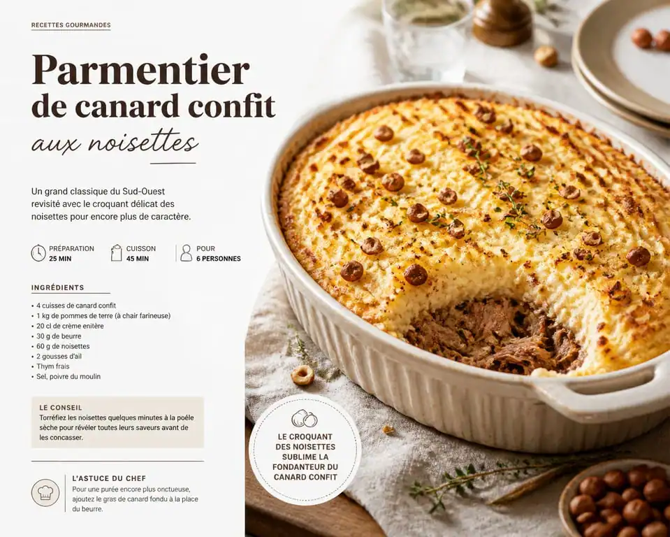 Parmentier de canard confit aux noisettes pour 10 personnes