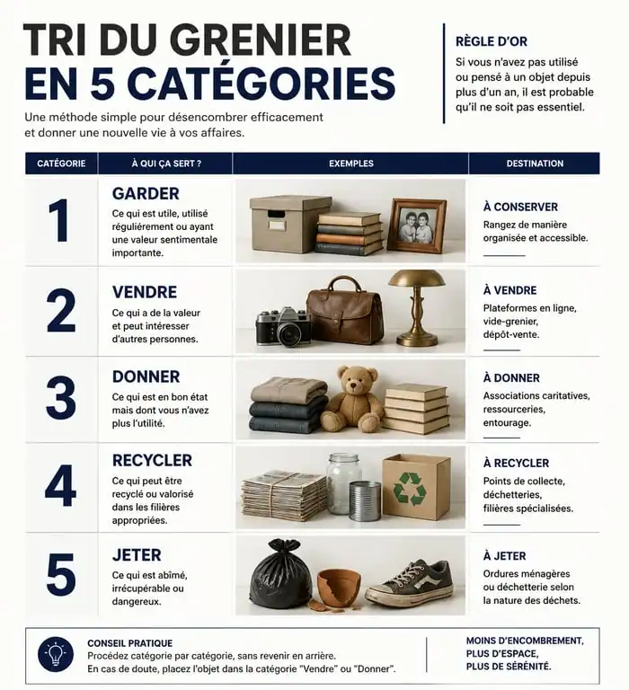 Infographie du système de tri pour vider mon grenier en 5 étapes