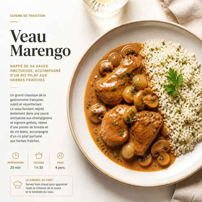 Assiette de veau Marengo avec son accompagnement de riz pilaf