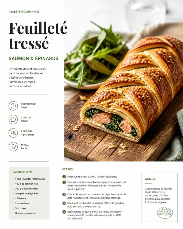 Recette feuilleté salé tressé au saumon et épinards doré et croustillant