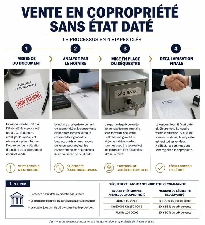 Schéma du processus de vente sans état daté en copropriété avec mise en place d'un séquestre notarié