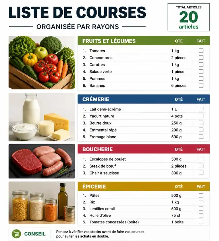 Infographie illustrant une liste de courses alimentaires organisée par rayons pour une meilleure efficacité