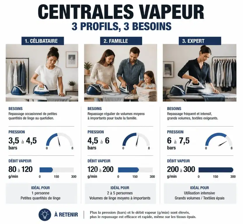 Infographie comparative des critères de choix d'une centrale vapeur selon le profil d'utilisateur