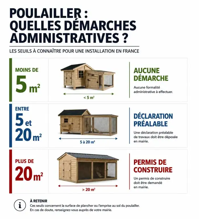 Infographie des démarches administratives pour installer un poulailler en France selon la surface au sol