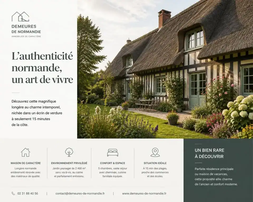 Longère normande traditionnelle avec colombages et toit de chaume dans un jardin verdoyant