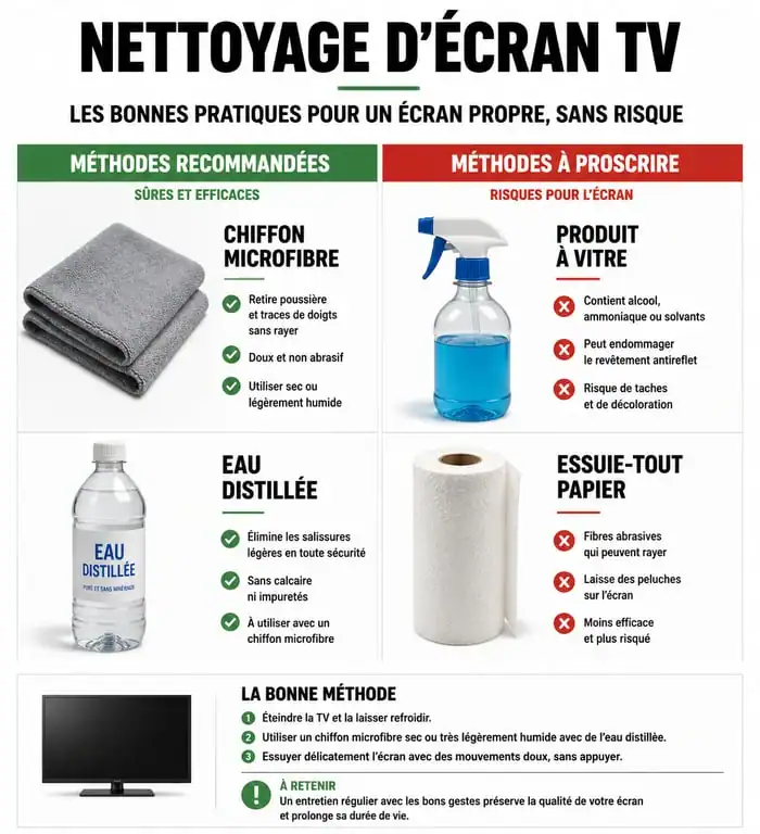 Infographie comparative des méthodes de nettoyage pour écran TV : produits recommandés vs produits à éviter