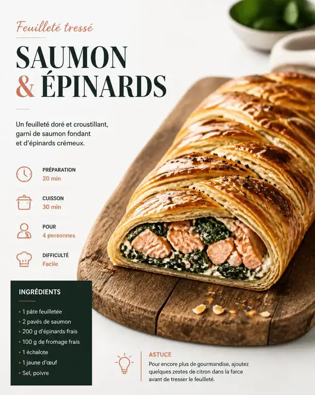 Feuilleté tressé au saumon et épinards, recette avec de la pâte feuilletée