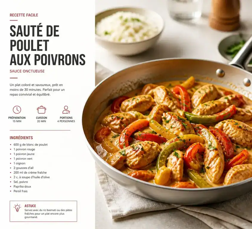 Recette poulet poivron en sauce dans une assiette