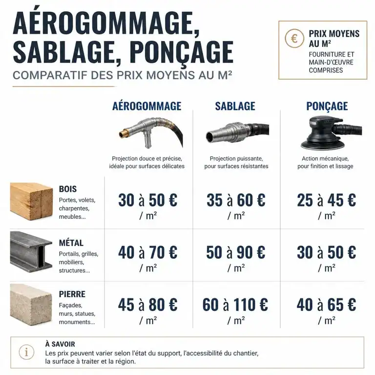 Infographie comparative des prix de l'aérogommage au m2 selon les supports et les techniques de décapage