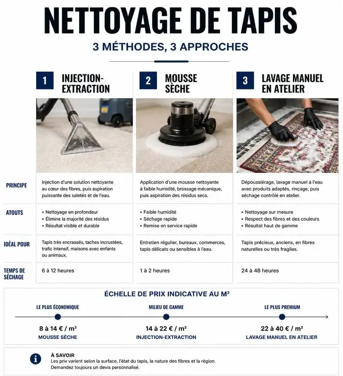 Infographie comparative des méthodes et tarifs pour faire nettoyer un tapis professionnellement