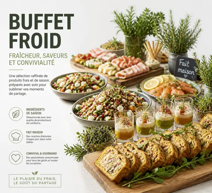 Buffet froid convivial et élégant pour un repas entre amis avec salades, cakes salés et verrines