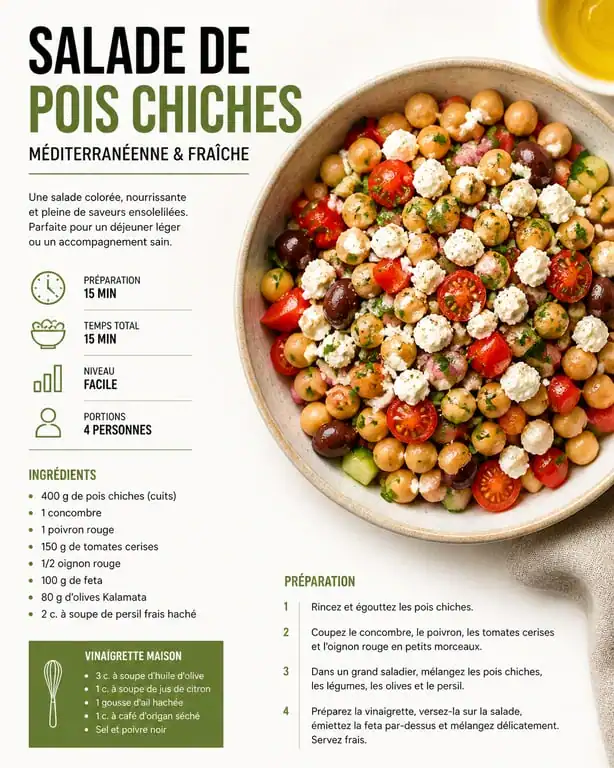 Recette de pois chiche en salade méditerranéenne fraîche et colorée