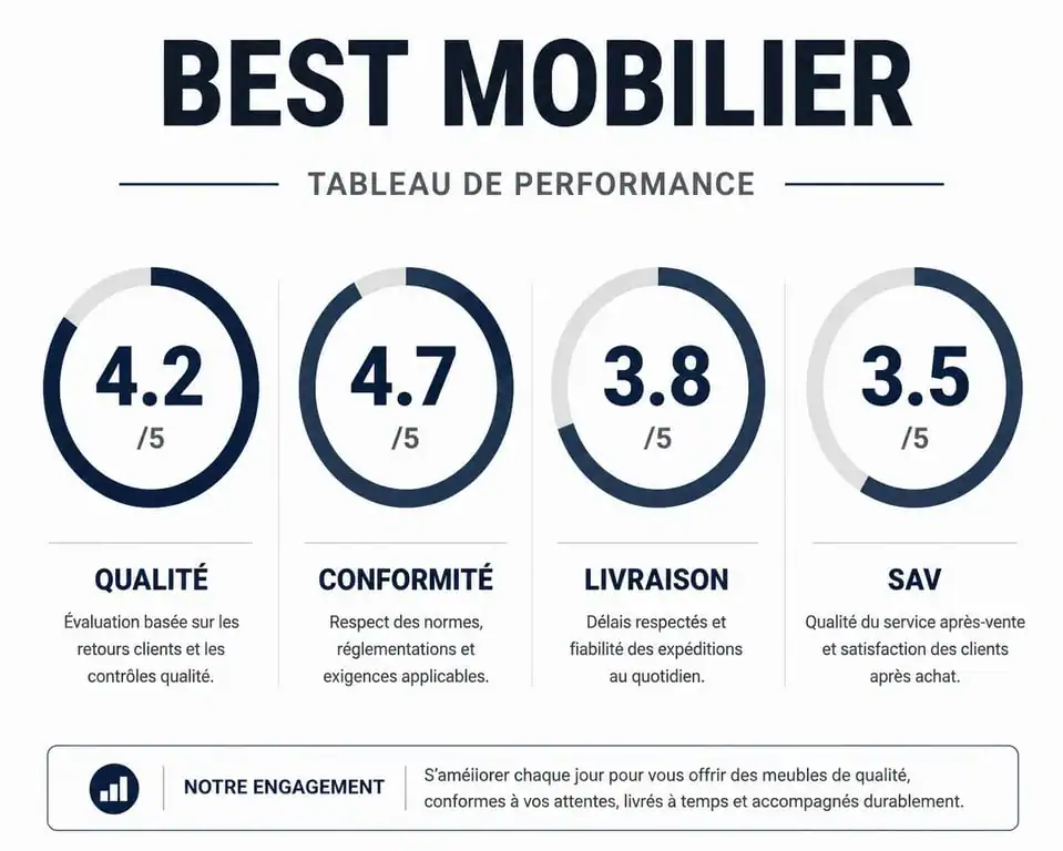 Synthèse des avis et notes de performance pour Best Mobilier : qualité, conformité, livraison et service après-vente.