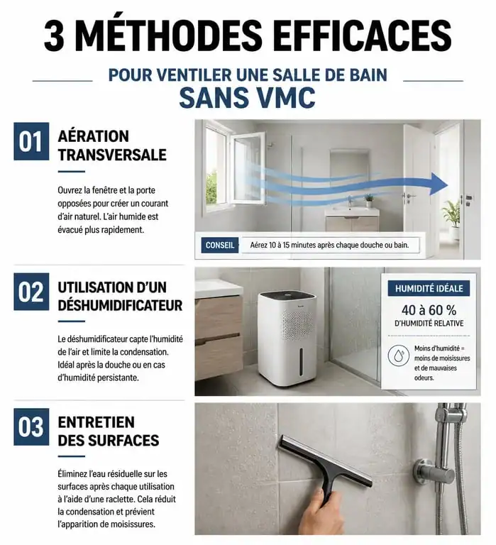 Infographie des méthodes pour ventiler une salle de bain sans VMC