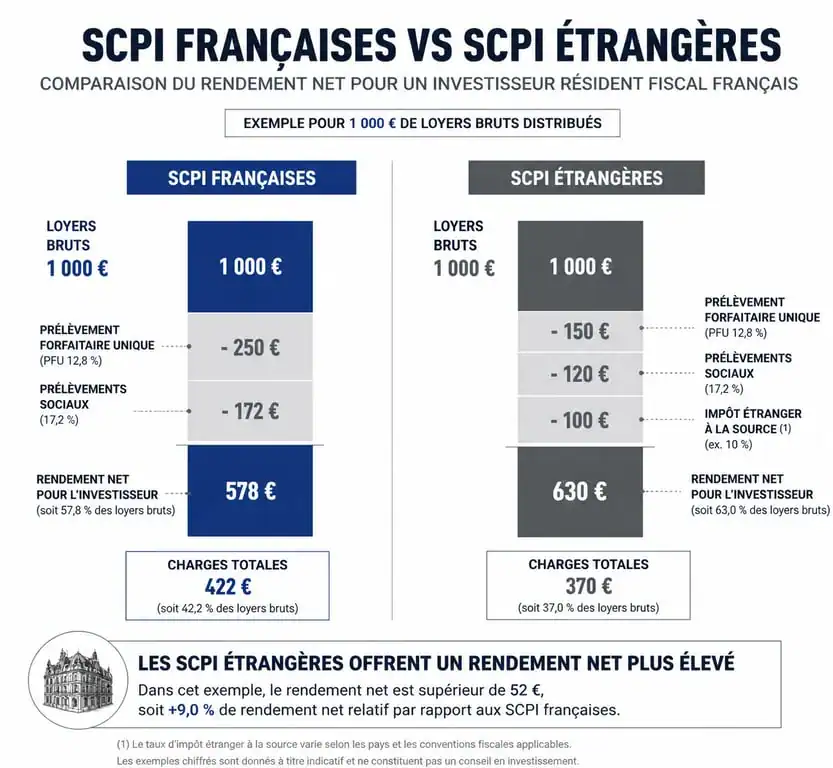 Comparatif visuel du rendement net entre SCPI France et SCPI étrangère montrant l'avantage fiscal