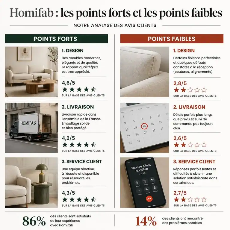 Infographie récapitulative des avis sur les meubles Homifab : points forts et points faibles