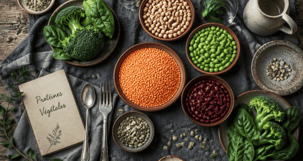legumes riches en proteines sur table avec legumes et graines