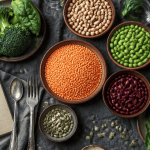 legumes riches en proteines sur table avec legumes et graines