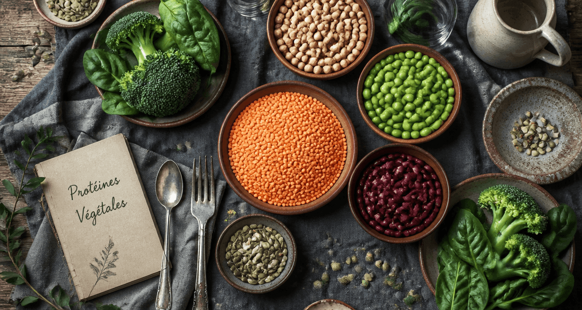 legumes riches en proteines sur table avec legumes et graines
