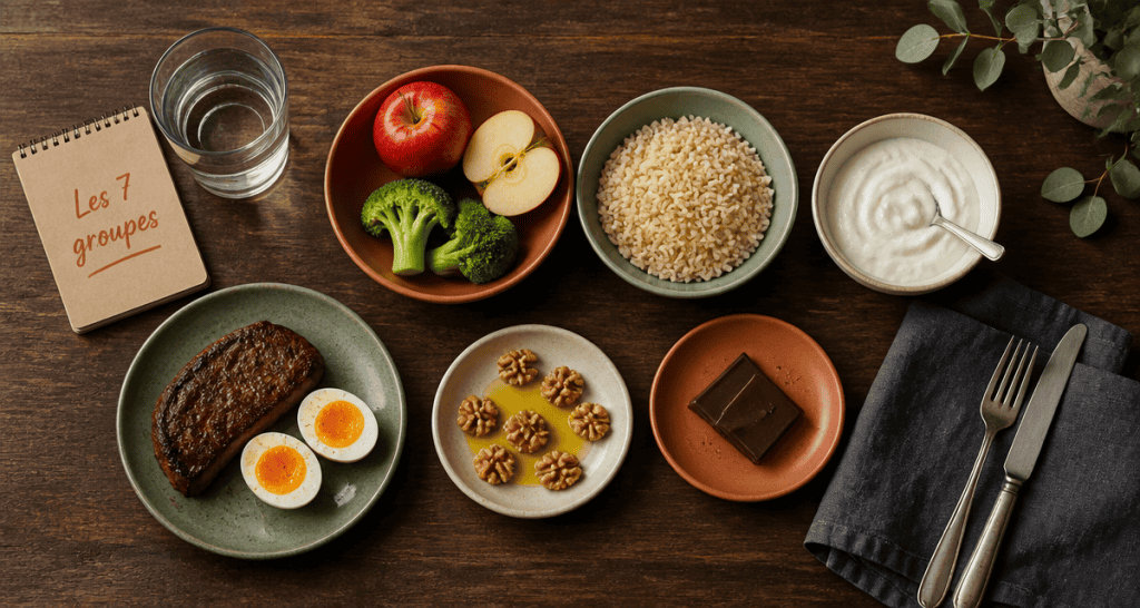 les 7 groupes d aliments tableau sur une table