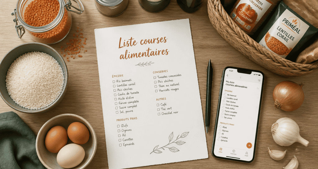 liste courses alimentaires manuscrite et appli mobile sur table
