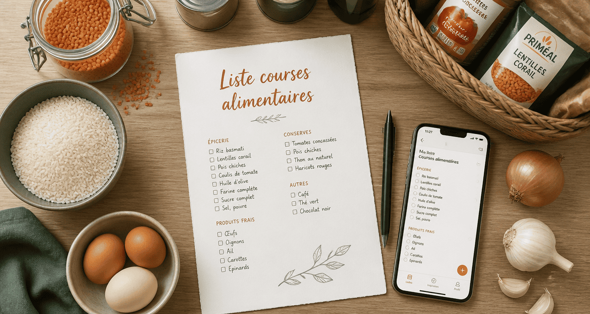 liste courses alimentaires manuscrite et appli mobile sur table