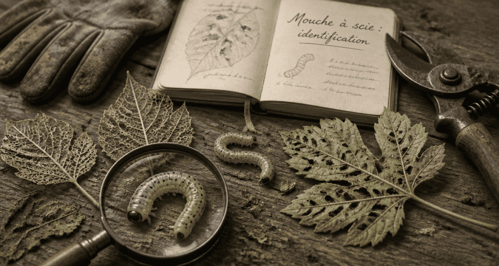 Mouche à scie sur feuilles squelettisées