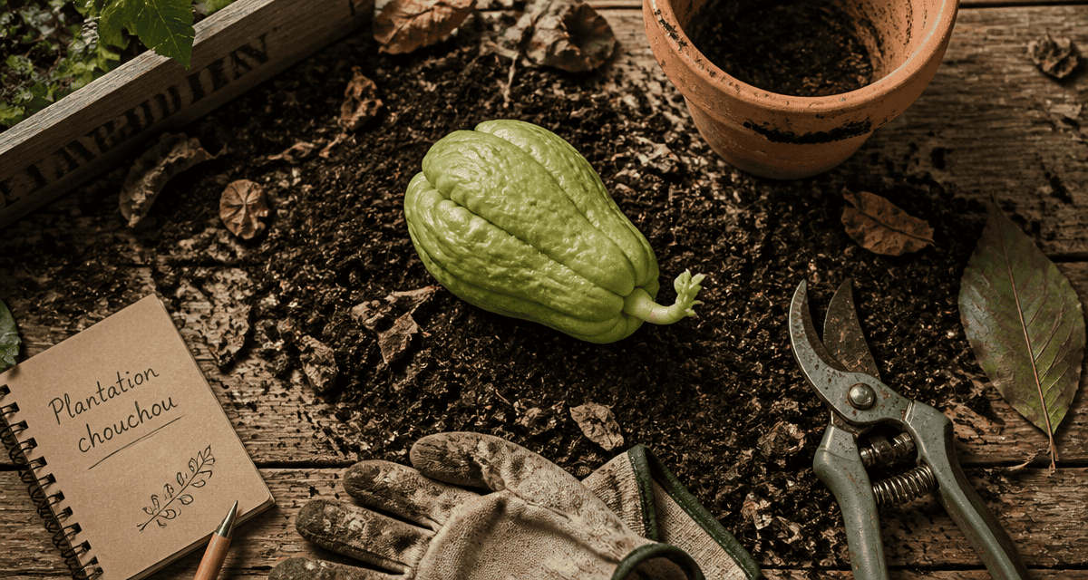 Planter chouchou fruit entier avec terreau et outils