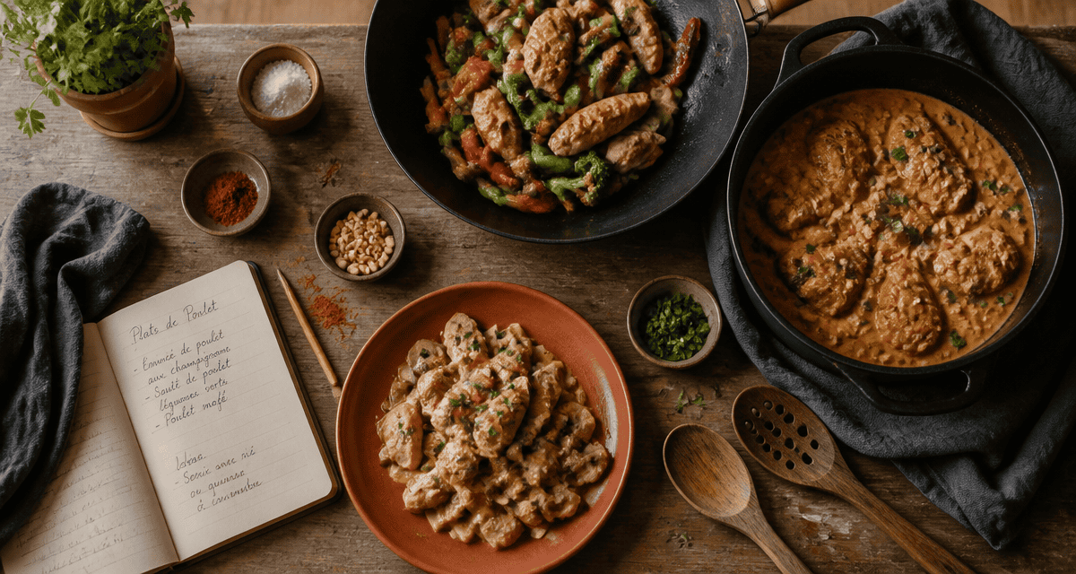 Plat a base de poulet présenté sur une grande table
