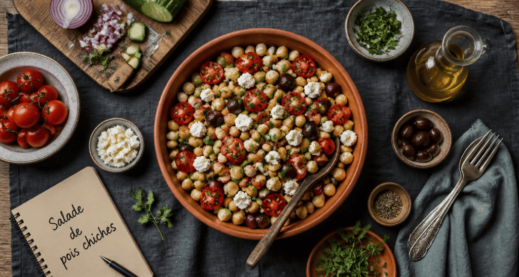 recette de pois chiche en salade méditerranéenne vue du dessus